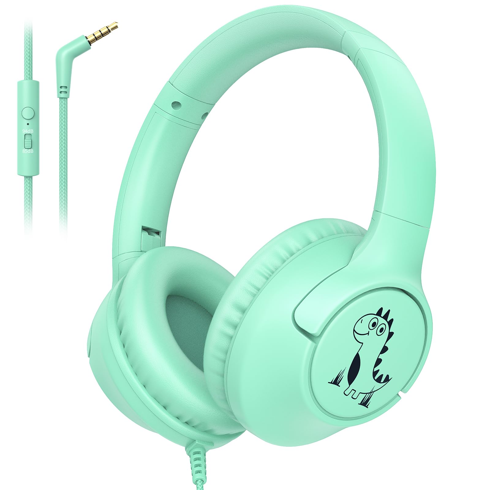 Photo 1 of Kids Headphones Wired for School, 85/94dB Volume Limit Toddler Headphones with Microphone, Wired Cute Dinosaur for Boys Girls, Stereo Sound 3.5mm Plug for Kindle Tablet School, Green