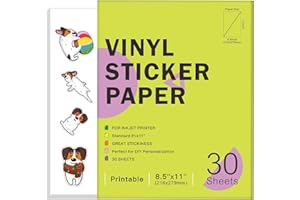 XFVEIWOO 30 Sheets Premium Printable Vinyl Sticker Paper for Inkjet Printers Glossy White 8.5x11 Inch Waterproof & Vibrant Colours Retains Ink Well Tear Resistant Great for Cutting Machines