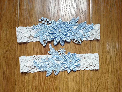 Dasiy wedding garters for bride bridal lace garter set hand sewn pearls (sky blue)