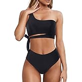 MOOSLOVER Women One Shoulder High Waisted Bikini Tie High Cut Two Piece Swimsuits