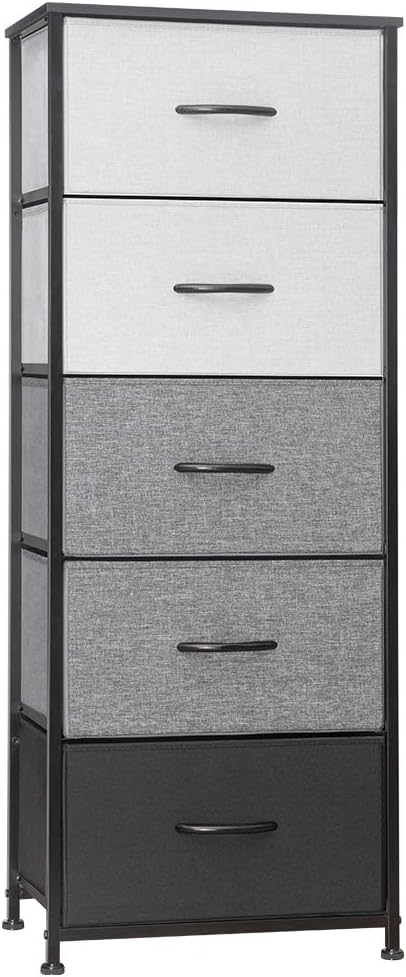 Crestlive Products Vertical Dresser Storage Tower - Sturdy Steel Frame, Wood Top, Easy Pull Fabric Bins, Wood Handles - Organizer Unit for Bedroom, Hallway, Entryway, Closets - 5 Drawers (Black&Gray): Home & Kitchen