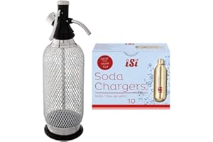 ISI NORTH AMERICA iSi Classic Steel Mesh SodaMaker Bottle (1 Quart) with CO2 Soda Siphon Chargers (10-Pack) Bundle - For making sparkling water beverages