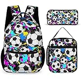 ZCJB-WSRY Soccer Backpack with Lunch Box & Pencil Case, 16 Inch Cool Soccer Themed Bookbag, Adjustable Lightweight Large Capacity, Colorful Backpack Set for Kids Girls Boys School