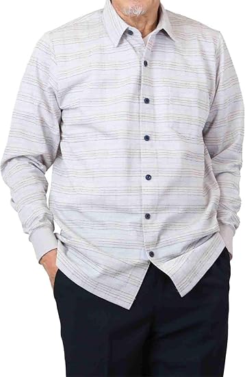 Amazon シニアメンズ 春夏 チェック柄 ワンタッチテープ長袖ニットシャツ 杢グレー L シャツ 通販
