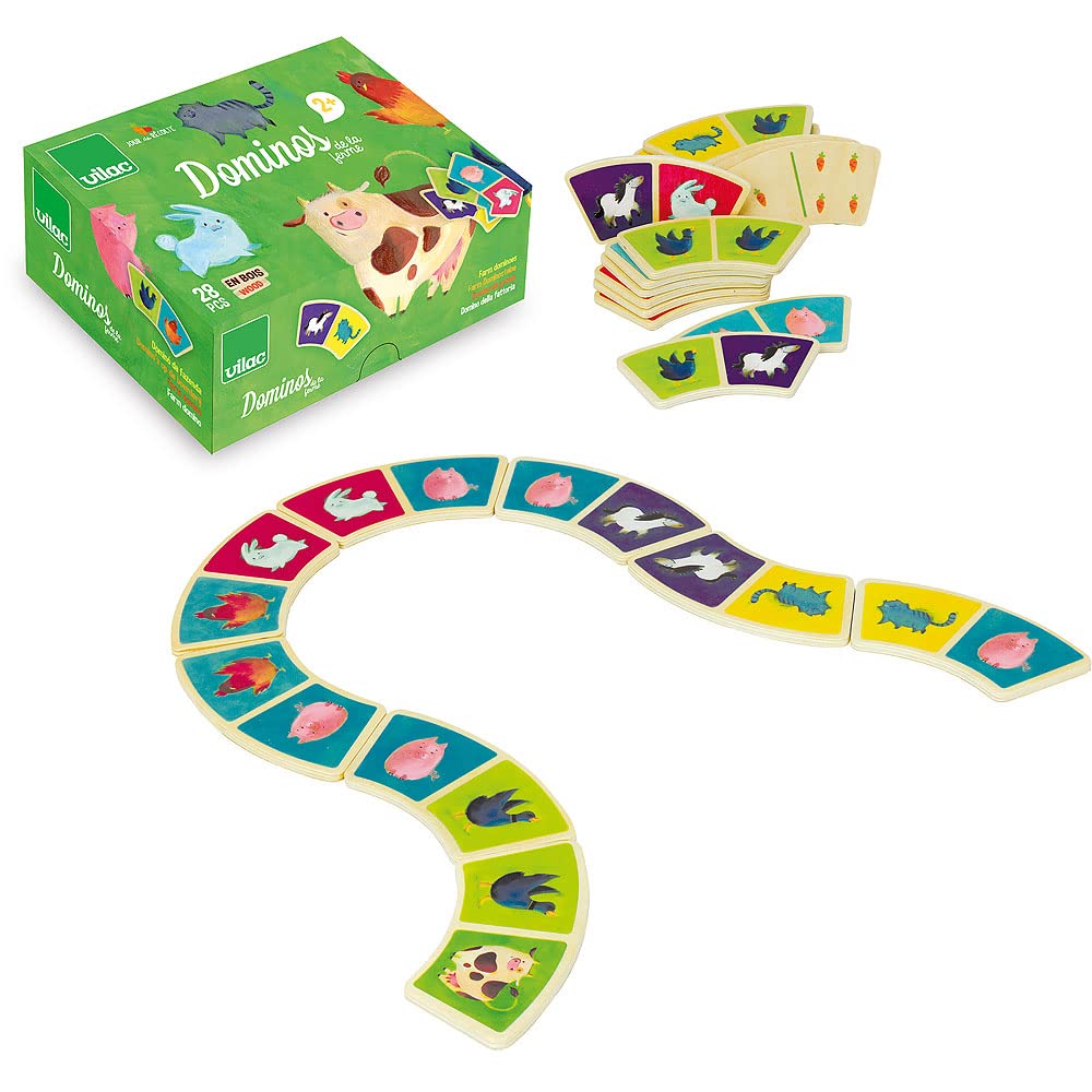 Vilac Wooden Reversible Dominoes Board Game for Kids, Traditional Learning Game, Encourages Animal Recognition, Countryside Farmyard Animals, 28 Pieces, 2 Years+