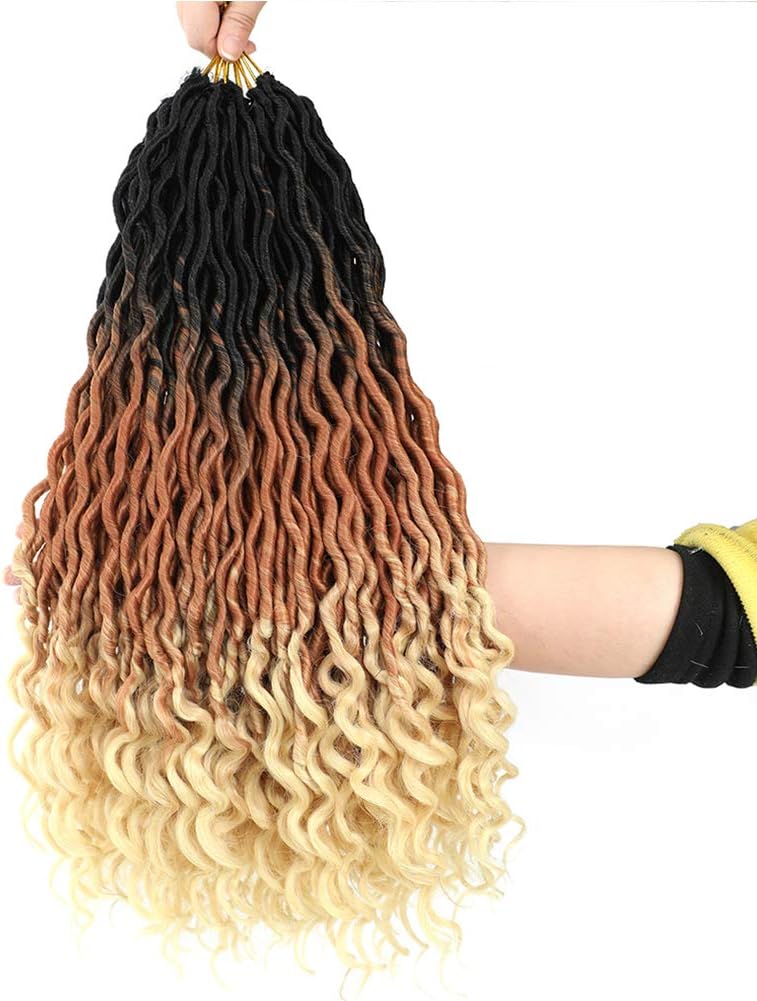 Ombre Wavy Faux Locs Corchet Hair with Curly Ends 5Packs/Lot (90grams/Pack)20inch Pre Looped Goddess Locs Crochet Hair Synthetic Braiding Hair Extensions(1B/Brown/Blonde)