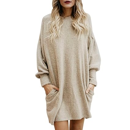 SHOBDW Mode Schick Damen Solid Beige Oansatz Tasche Lange Pullover Langarm Casual Lose Pullover Elegant Frauen Lässig Draussen Trendigen Outwear Lang Sweatshirt