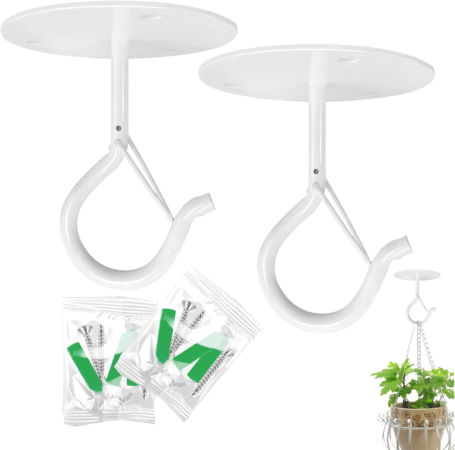 Outdoor Hanging Brackets - Ticway 2 Pack Ceiling Hooks for Hanging Plants with Safety Buckles,Hanging Plant Hooks, Heavy Duty Stable Plants Hanger with Screws for Hanging Bird Feeders,Wind Chimes,Outdoor Decoration(White)