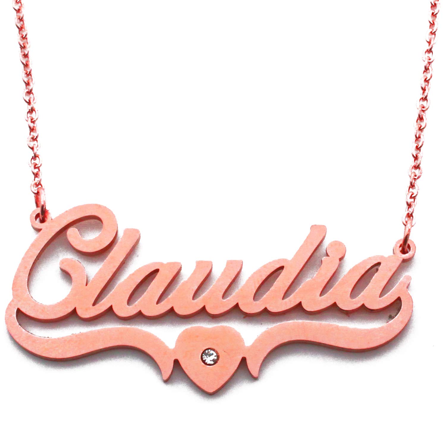 Kigu Claudia Name Necklace Heart Shaped Personalised Rose Gold Plated, Custom Dainty Name Pendants, Jewellery for Ladies, Girlfriend, Mother, Sister, Friends Inc Bag & Box