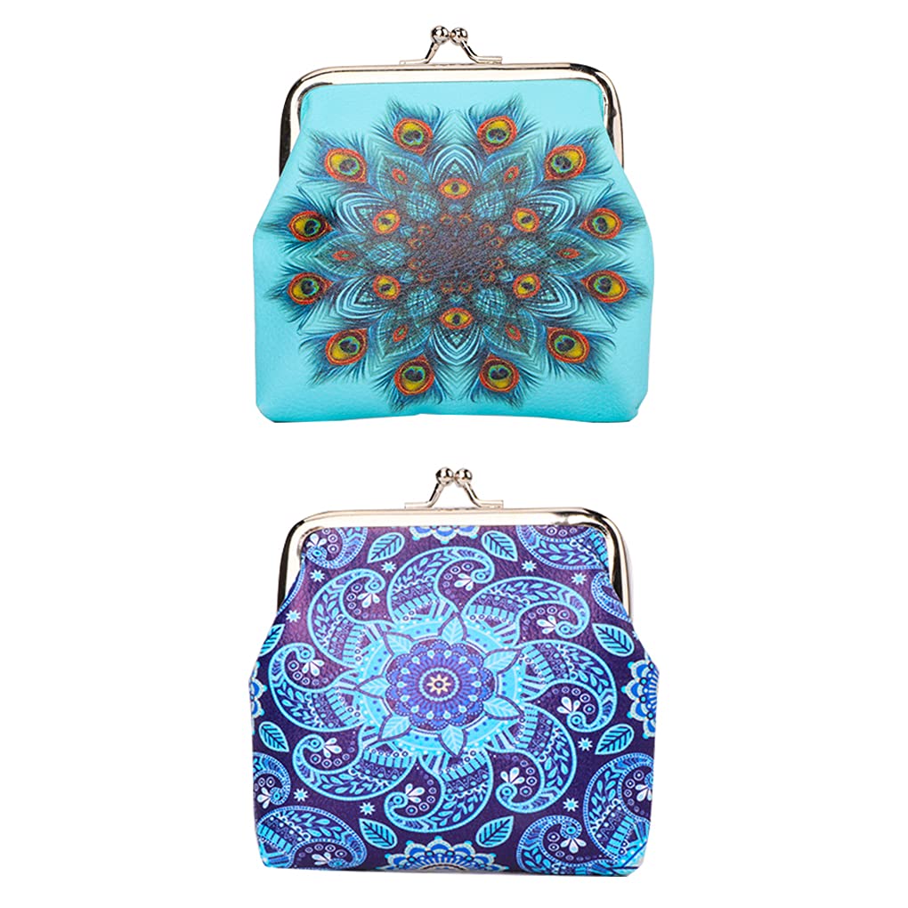 Oyachic Snap Coin Purse Vintage Change Purse Clasp Small Wallet Coin Bag Buckle Coin Pouch Clutch for Girl Women (Feather + Spiral Printing)