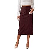 HERBATOMIA Women’s Midi Corduroy Skirt Pencil Elastic High Waisted Back Slit Winter Long Skirts for Women with Pocket