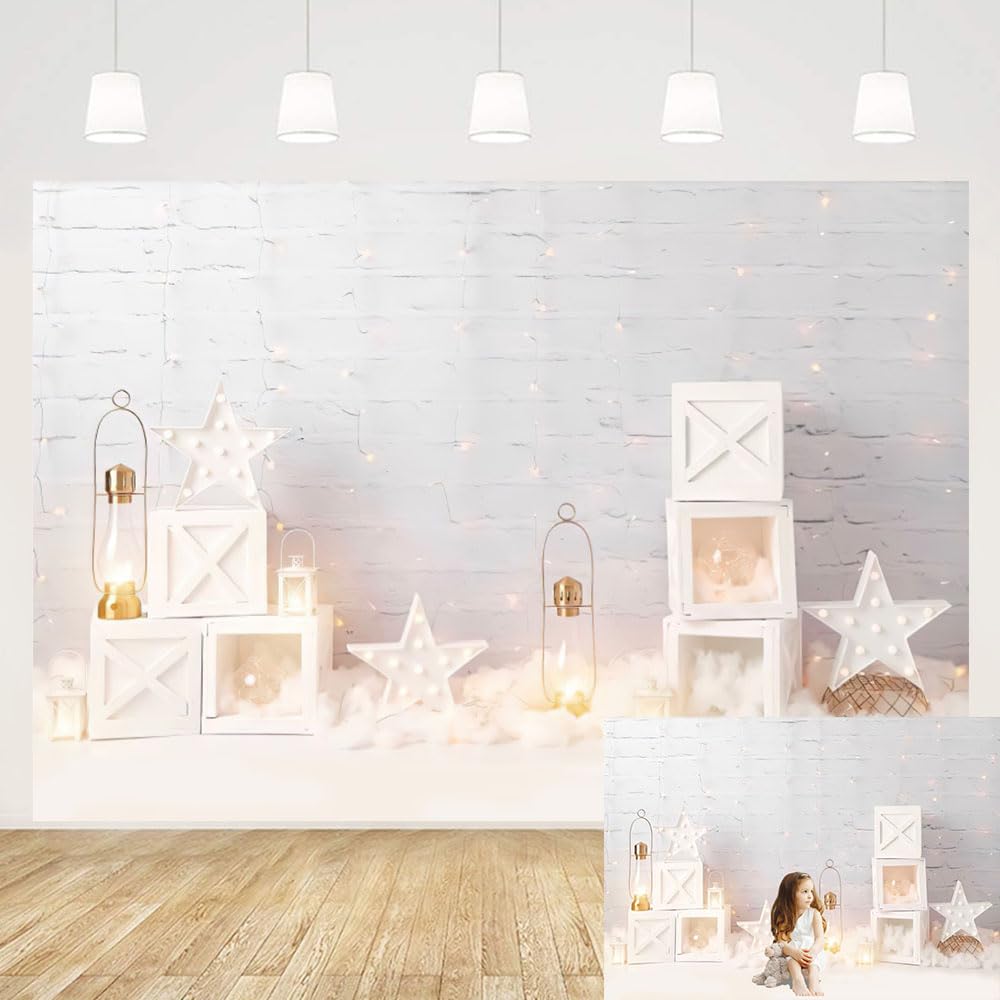 MEHOFOND 7x5ft White Retro Brick Wall Backdrops for Birthday Newborn Photography Props Stars Wooden Box Lamplet Photo Background Decor Cake Smash Portrait Photoshoot Studio Booth