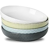 HASENSE Ceramic Pasta Bowls, 42 OZ Ceramic Salad Bowl Set of 4, Large Serving Plate Bowls,Embossment Stoneware Wide and Shallow Pasta Plates for Fruits, Noodle,Colorful