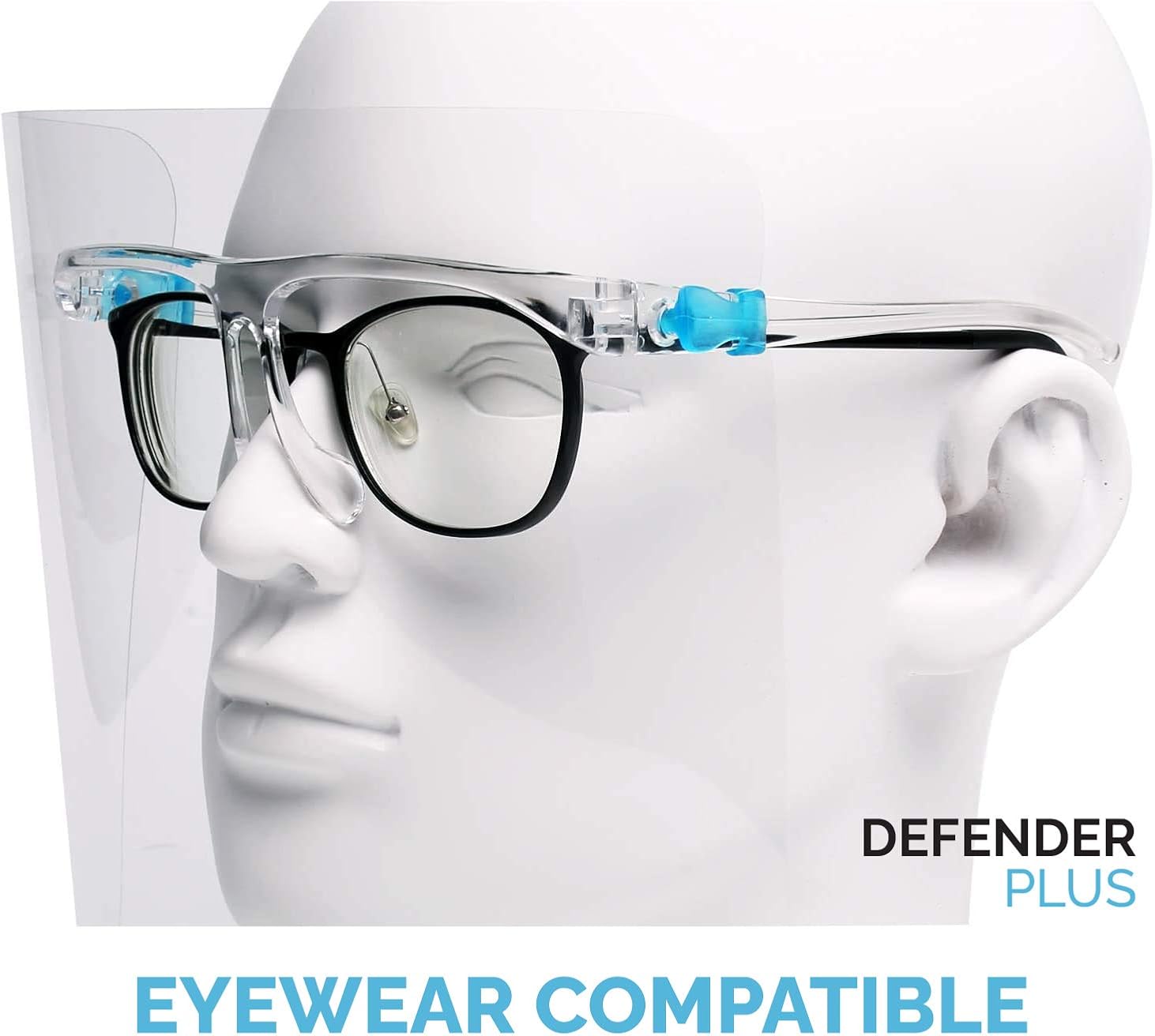 Safety Full Face Shield Mask DEFENDER PLUS (10 Frames and 10 Shields) Ergonomic Frame Goggle Eye Glasses Compatible Anti Fog Free All-Day Comfort Splash Droplet Bodily Fluid Protect: Clothing
