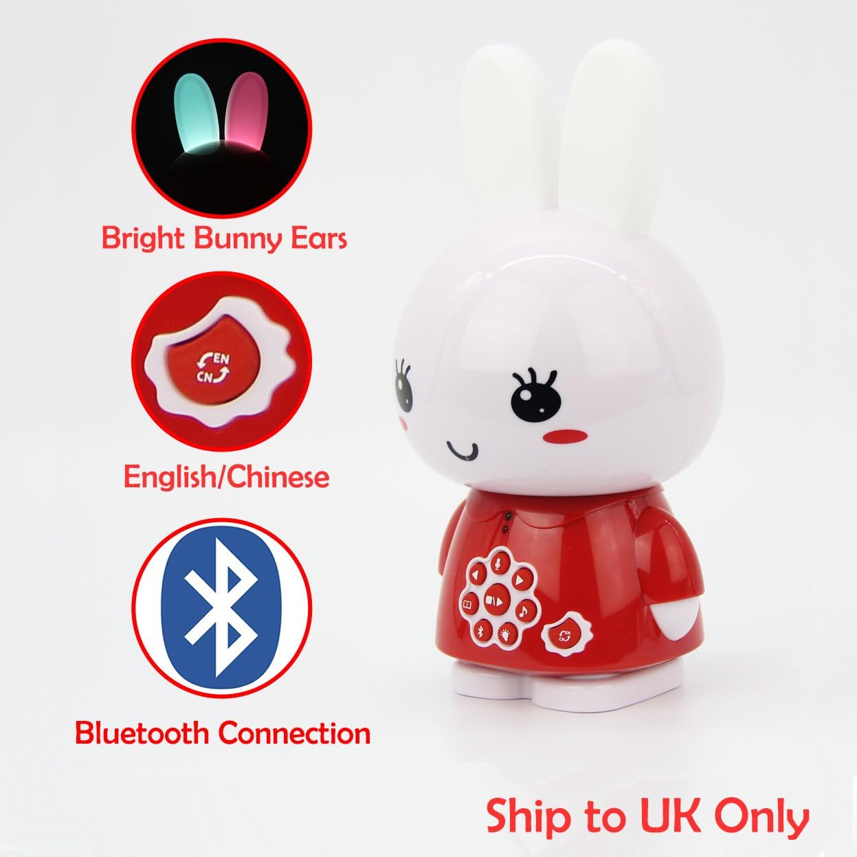 Alilo Honey Bunny 8GB Bluetooth MP3 player for Kids Learning Toy with English & Chinese Story Songs for Baby with Sound Recorder Night Light (Red)