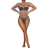 EHSUYAB One Shoulder Mesh Jumpsuit, Sexy Fishnet Leopard Bodysuit Rave Party Club Music Festival, Exotic Wear Dancer Outfits