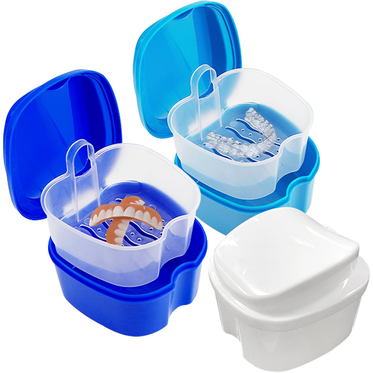 ZJIVQO 3Pcs Denture Case Retainer Bath Orthodontic Dental Retainer Box False Teeth Container for Storing Soaking Dentures Cleaning Box with Filter，3 Colors