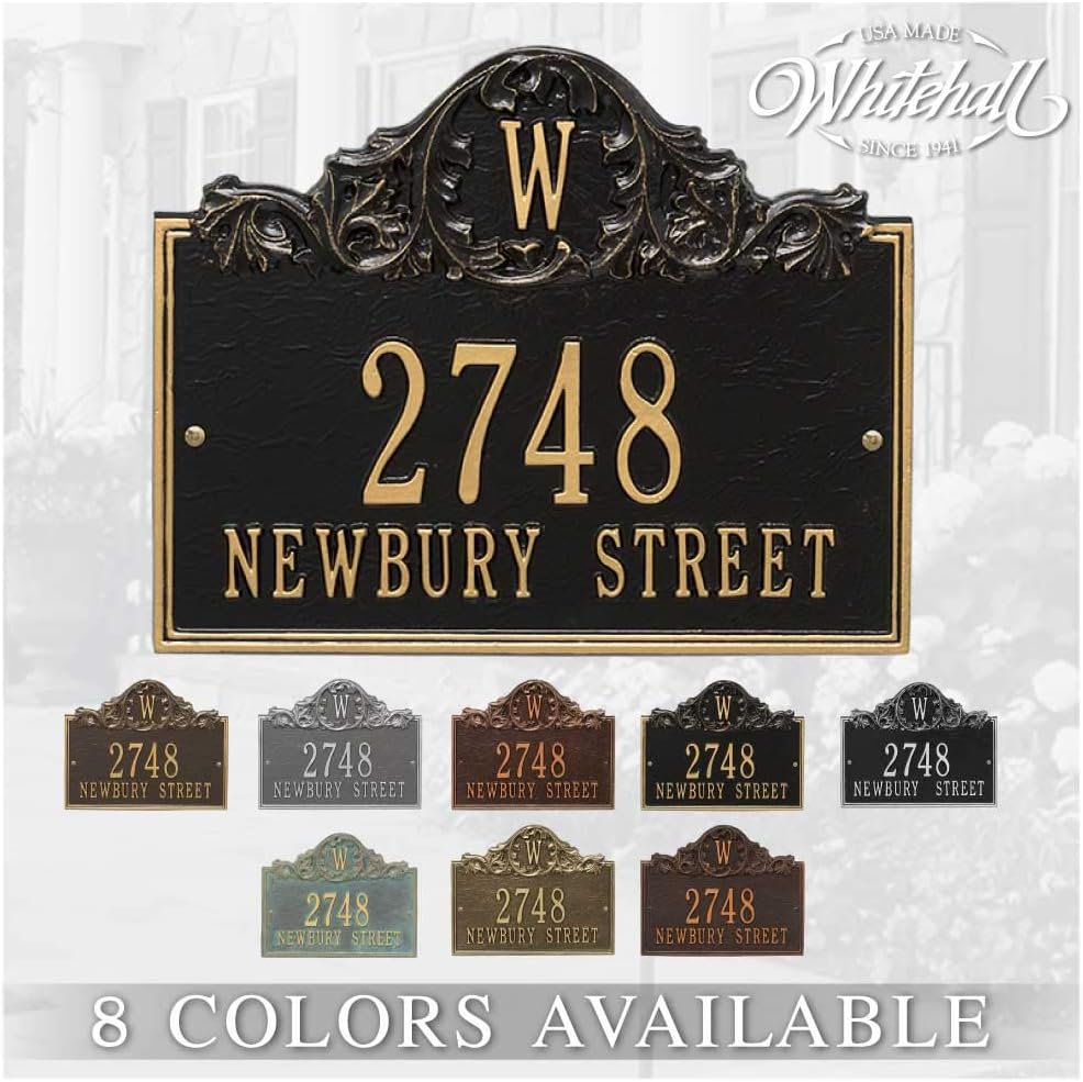 Plaques & Wall Art - Whitehall™ Personalized Cast Metal Address plaque - The Acanthus Monogram Plaque. Made in the USA. BEWARE OF IMPORT IMITATIONS. Display your address and street name. Custom house number sign. Wall Mounted