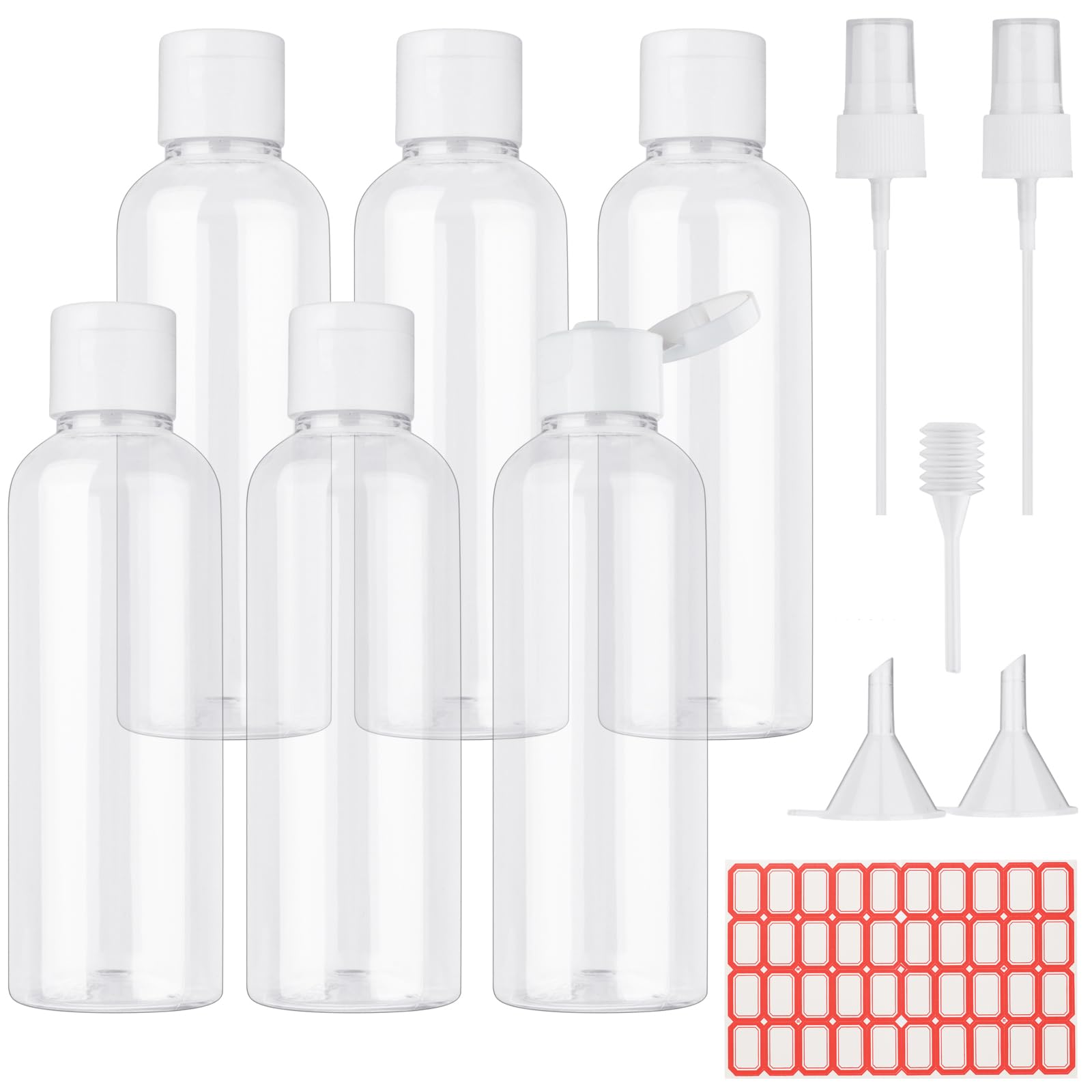 XWCHASA 6 Pcs Travel Bottles, 100ml Refillable Clear Empty Plastic Travel Bottles with Funnels and Labels, Travel Size Cosmetic Bottles Containers Bottles for Travel or Cosmetic