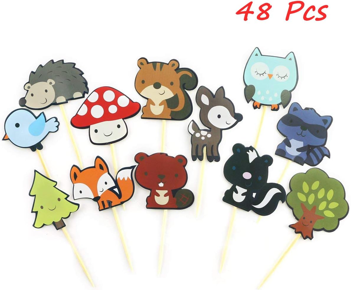 TKOnline 48Pcs Paper Woodland Creatures Theme Cupcake Toppers Forest Animals Cake Toppers Picks Kids Birthday Wedding Party Decoration, Food Fruit Picks for Decoration cupcake,cake topper