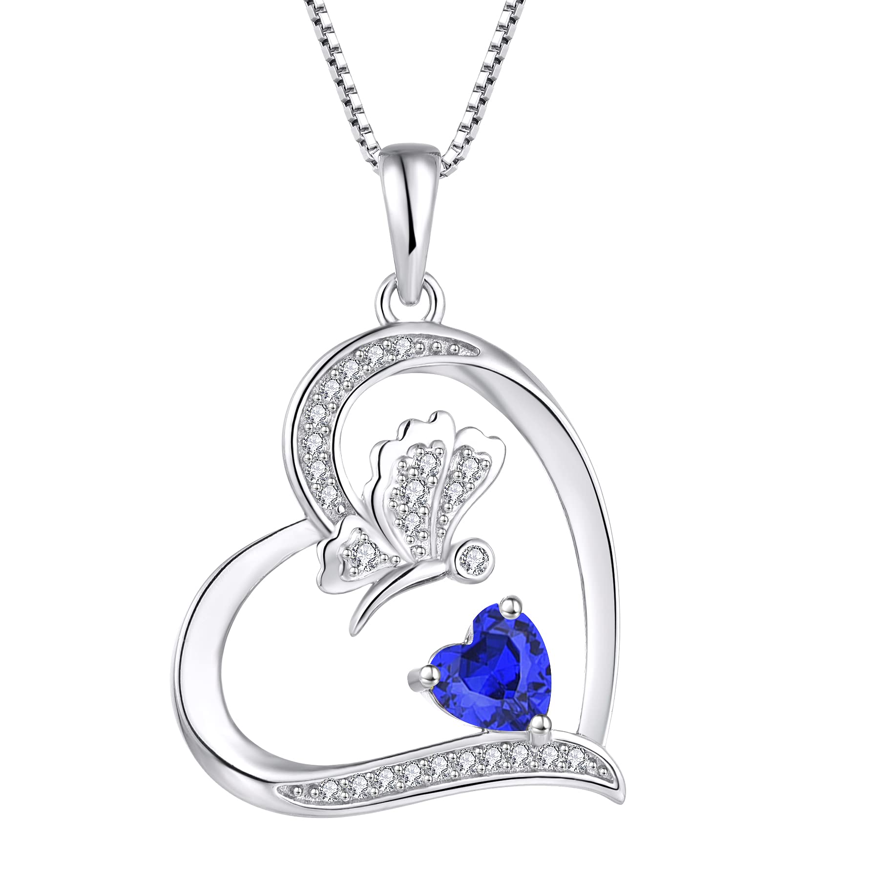 FJ Love Heart Butterfly Necklace 925 Sterling Silver Sapphire Necklace September Birthstone Pendant Jewellery for Women