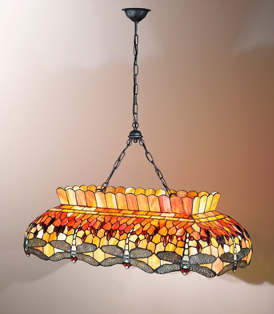 Tiffany Pendant Light with Pink and Orange Chain with Red Drops and libulle with Wings distese 647 Original Glass Tiffany Hand Knitted – Measures 90 x 48 cm – Double Light E27 Max 100 watt Pendant Lamp Perenz T 665S