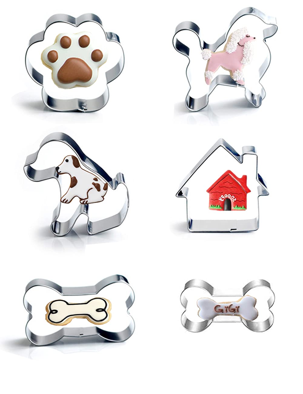 Dog Bone Cookie Cutter Set of 6 pcs- Including Dog Bone, Paw Print, Puppy, Poodle and Dog House Cookie Cutters Shapes, Cute Stainless Steel Biscuit Cutters Fondant Cake Molds