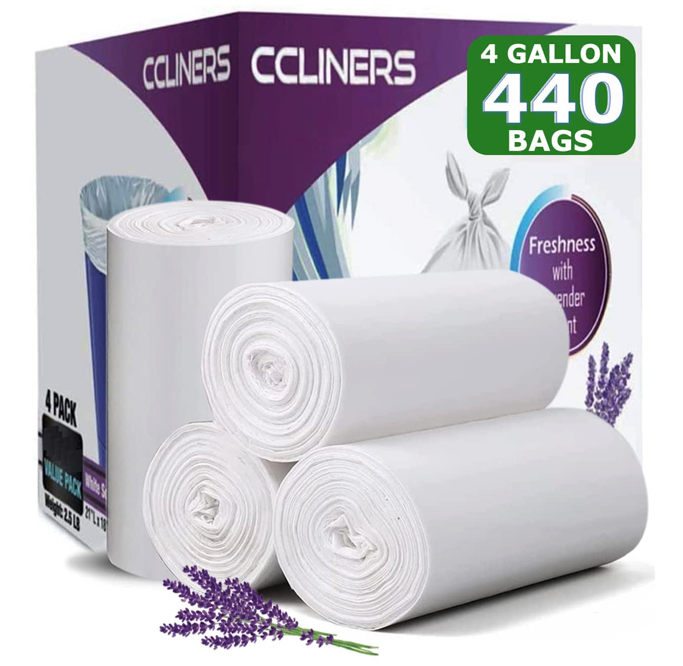 Photo 1 of CCLINERS 4 Gallon Trash Bag Lavender Scented (440 Count) Small Bathroom Garbage Bags Wastebasket Can Liners White Trash Bags for Home Kitchen Office Bins (440 Bags)