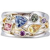 LadayPoa Two Tone Ring, Colorful Rainbow Cubic Zirconia Rings for Women, Vintage Gold and Silver Wide Band Boho Classic Geometric Eternity Stacking Jewelry