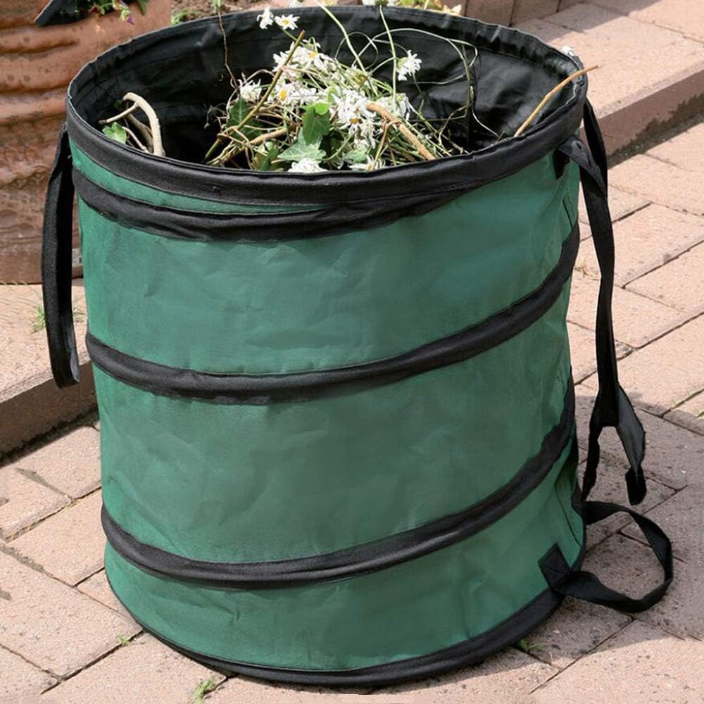 Jkhome Garden Pop Up Bag, Canvas Reusable Yard Waste Bag, Garden Lawn Trash Leaf Bag, Collapsible Canvas Bucket Container (Dark Green, 20 Gal)