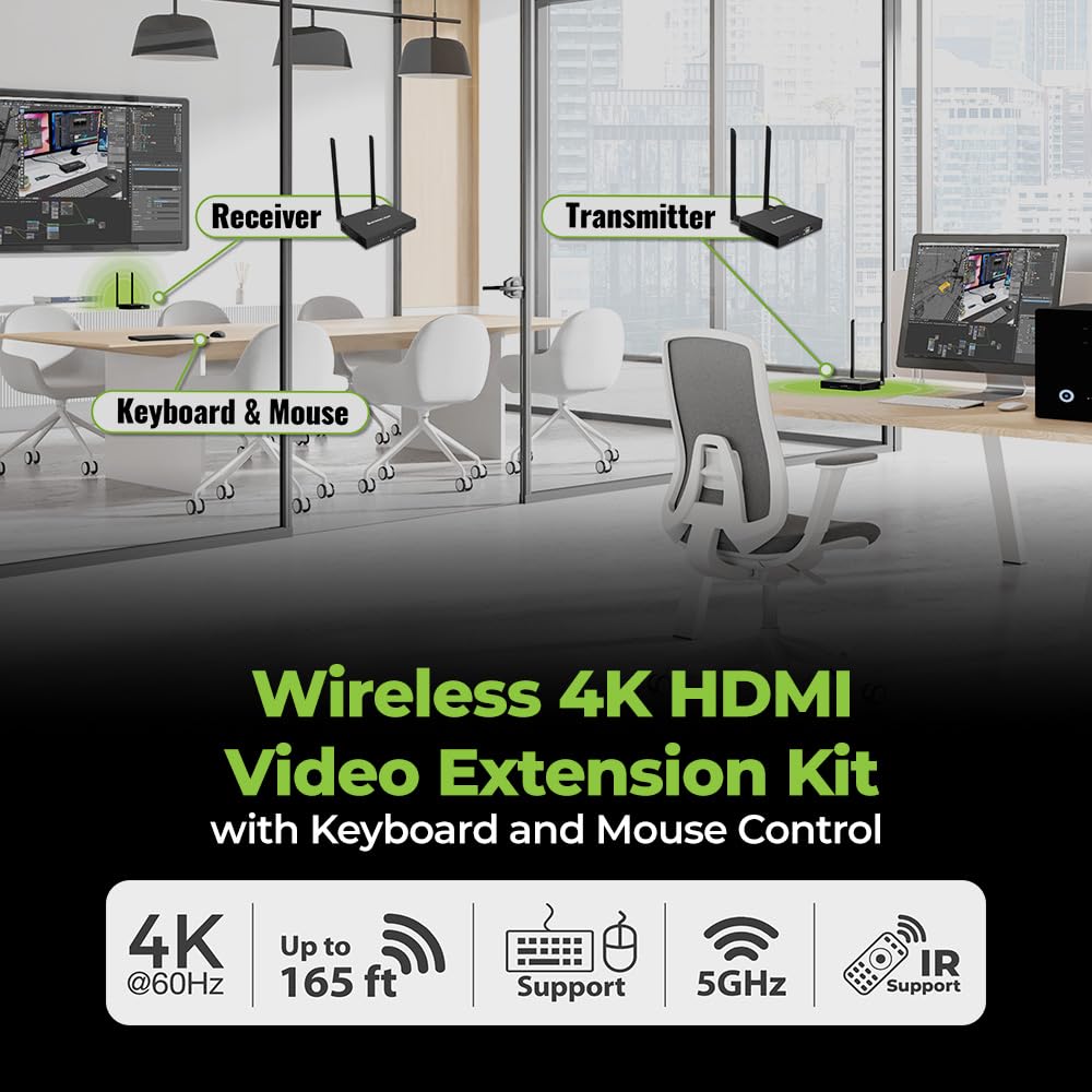 IOGEAR Wireless 4K HDMI Video Extension Transmitter and Receiver Kit with Keyboard Mouse Control – SSID paring - 4K 60Hz up to 165 ft with HDMI Local Loop-Out — GW4K60KIT
