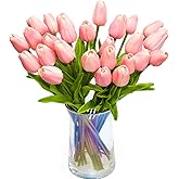 JOEJISN 30pcs Artificial Tulips Flowers Real Touch Pink Tulips Fake Holland PU Tulip Bouquet Latex Flowers for Wedding Party Office Home Kitchen Decoration (Pink)