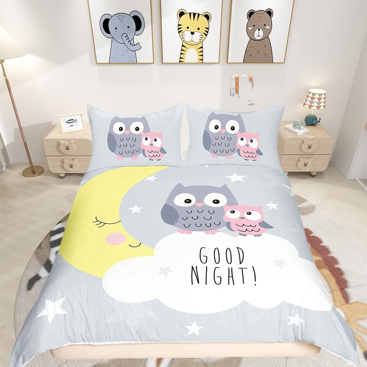 Homemissing 3D Animal Bedding & Linen Cartoon Owls Bedding Set for Boys Girls Kids Owl Duvet Cover Moon Stars Bedding & Linen King Size Quilt Cover 3Pcs — image 1