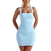 BORIFLORS Women's Sexy Bodycon Corset Mini Dresses Square Neck Ruched Sleeveless Club Party Short Dress