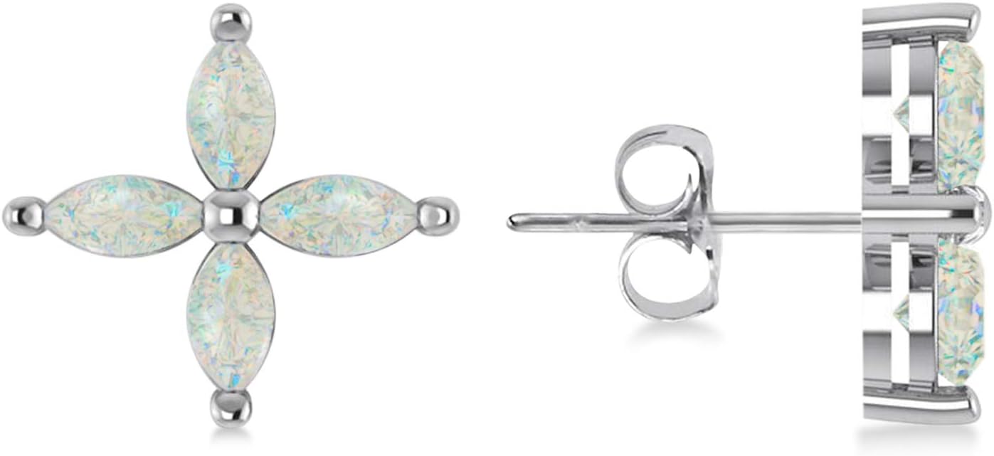 14K White Gold Finish 1.20Ctw Marquise Cut Opal Flower CZ Women Stud Earring