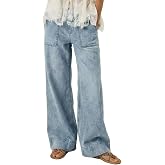 Vidiva Women's Wide Leg Jeans Baggy Low Mid Rise Pull On Denim Pants Y2k | Trendy Boho Pants, Full Length, Elastic Waist, Soft, Loose Baggy, 100% Cotton, Oversized Pockets, Fashion Clothing