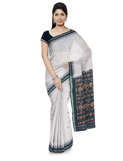 Odisha handloom Sambalpuri Handloom Womens Cotton Saree (White & Green)