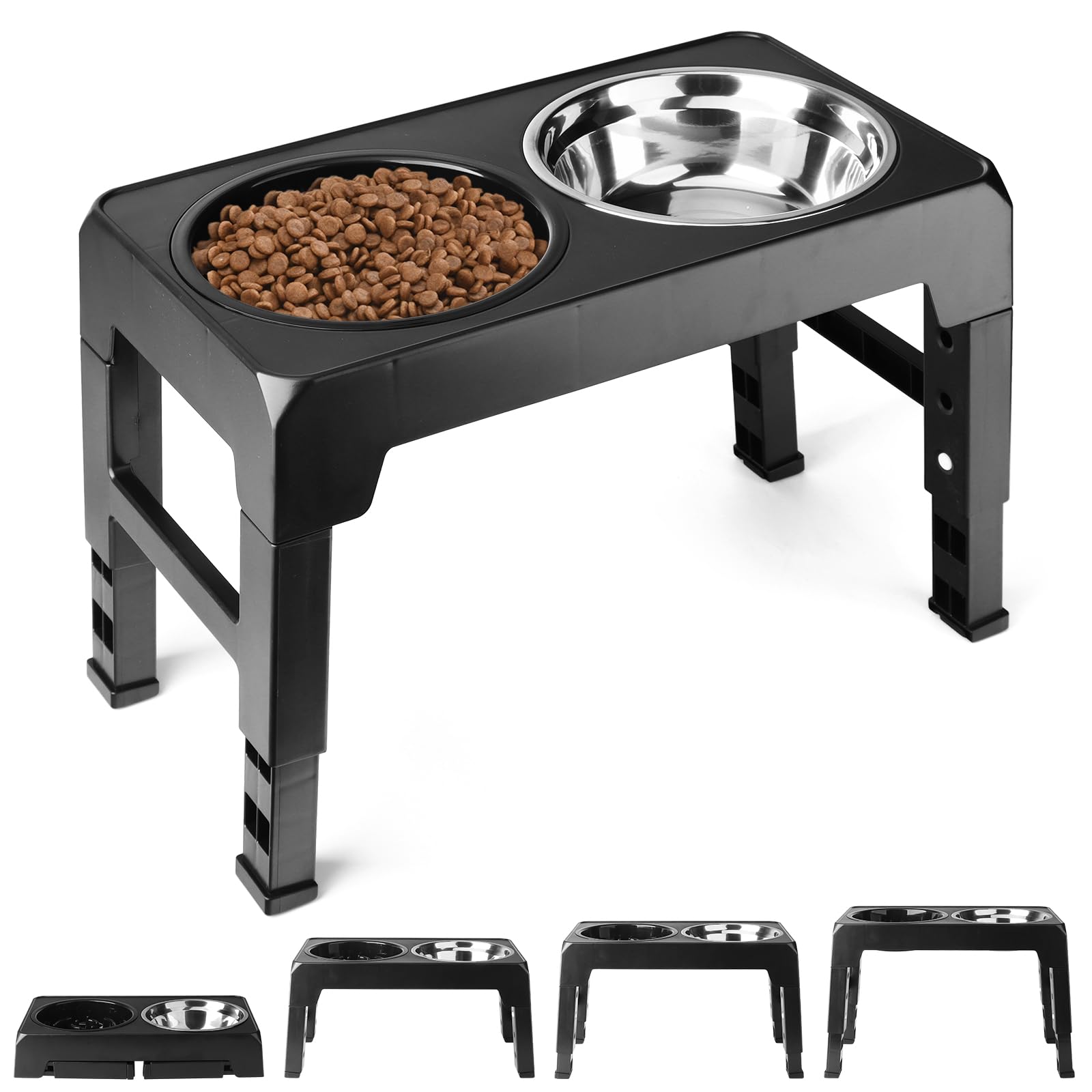 Raised Dog Bowls, Elevated Dog Bowl with 4 Heights Adjustable Stand, Pet Feeding Station, Slow Feeder Dog Bowl and Stainless Steel Bowls for Small Medium Large Dogs