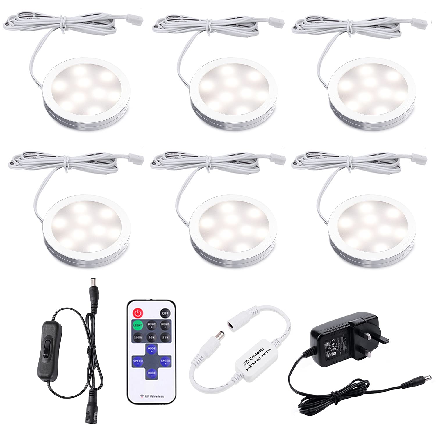AIBOO LED Under Cabinet Kitchen Lights Plug in Wired 6 Pack with Remote,Natural White Dimmable Under Cupboard Kitchen Lights Mains Powered,Under Counter Light Display for Closet Showcase Wardrobe
