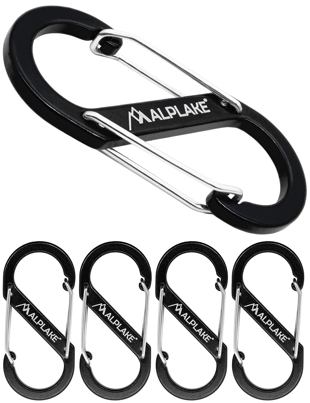 ALPLAKE Set of 4 Material Carabiners, Double Carabiner, S-Shape 88 x 40 mm, Black