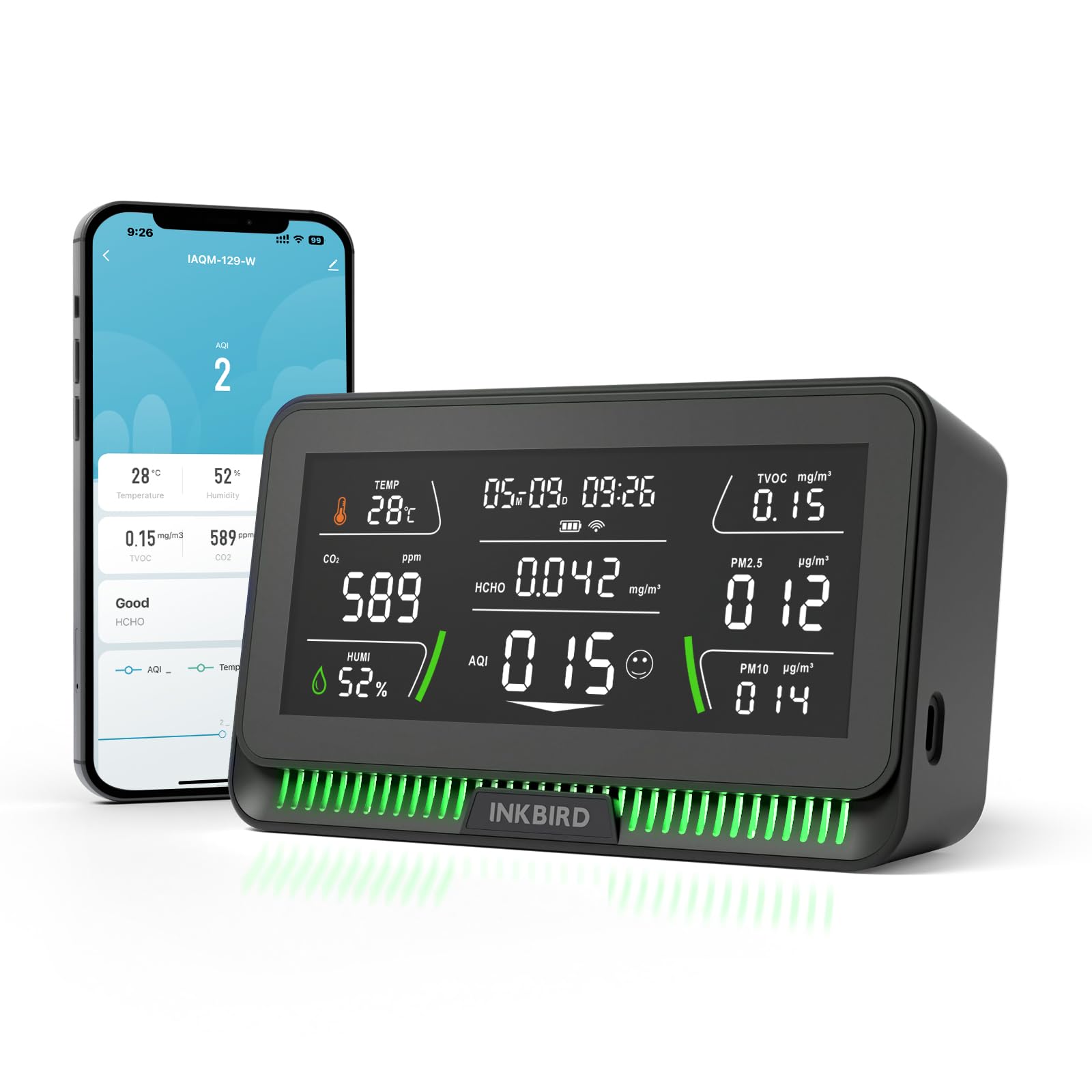 Photo 1 of 10-in-1 Air Quality Monitor with WiFi App Alerts | CO2, PM2.5, HCHO, TVOC Detector | 6.1" HD Display & 2Y Data Storage | Wall/Desk Mount for Home, Office, School (Black)