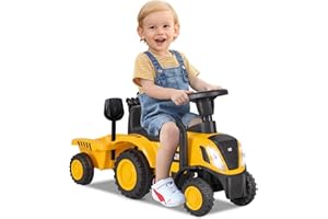 Licensed Caterpillar Ride on Tractor by OLAKIDS, 2 in 1 Ride on Push Car with Detachable Trailer, Headlight, Horn, Rake, Shovel, Foot to Floor Walker Toy Sliding Truck Gift for Kids Toddler