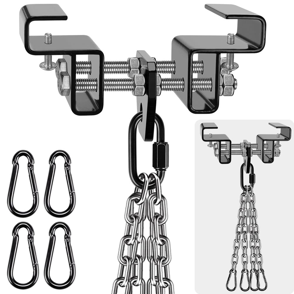 BeneLabel Punching Bag Beam Clamp 9.4-17cm, Boxing Bag I-Beam Hanger Heavy Duty Adjustable Steel Beam Clamp Holder Beam Mount Bracket with 4 Carabiners & 4 Chains for Muay Thai Training, 900lbs