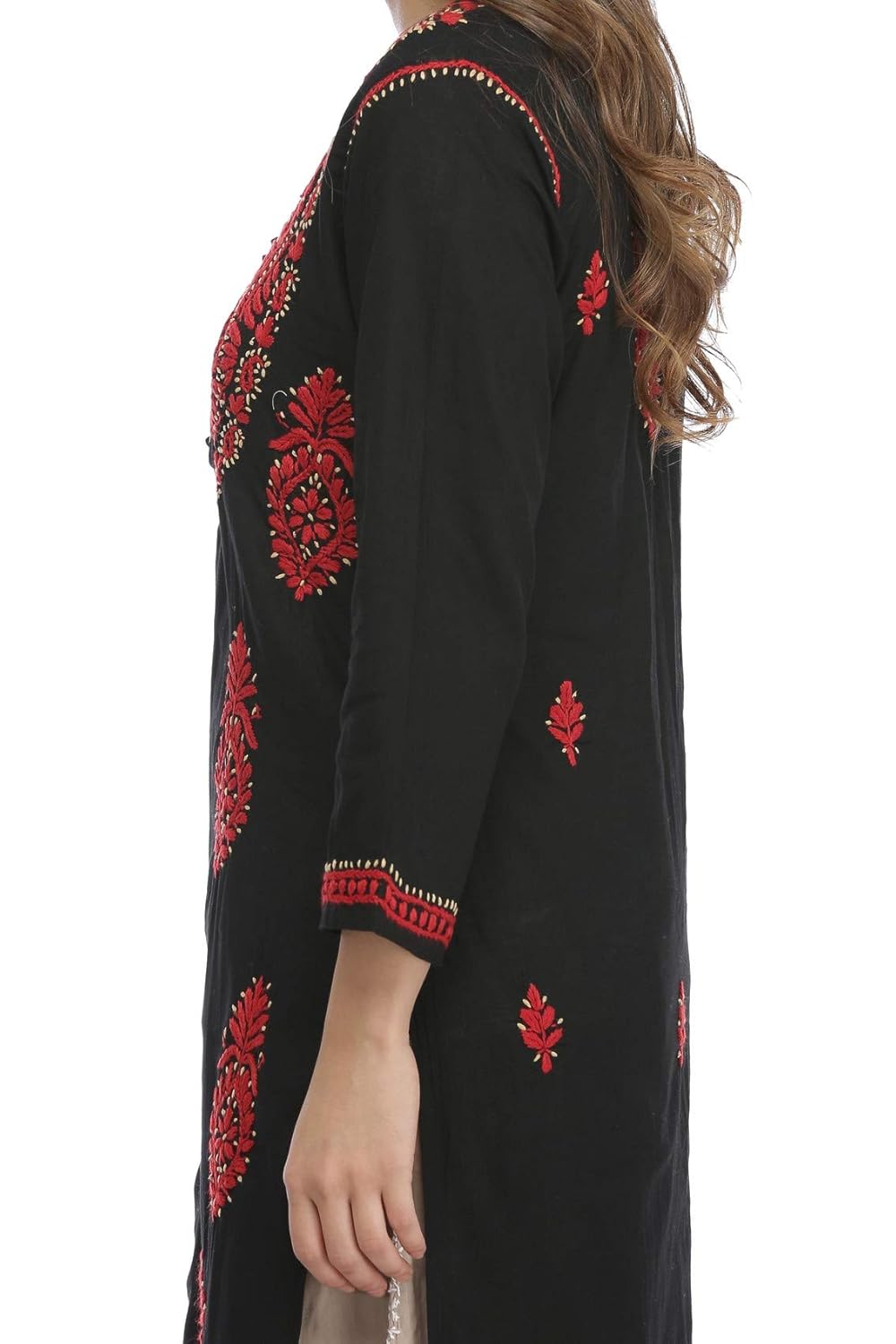 ada hand embroidered lucknow chikan regular wear cotton kurti kurta (a373637_black)