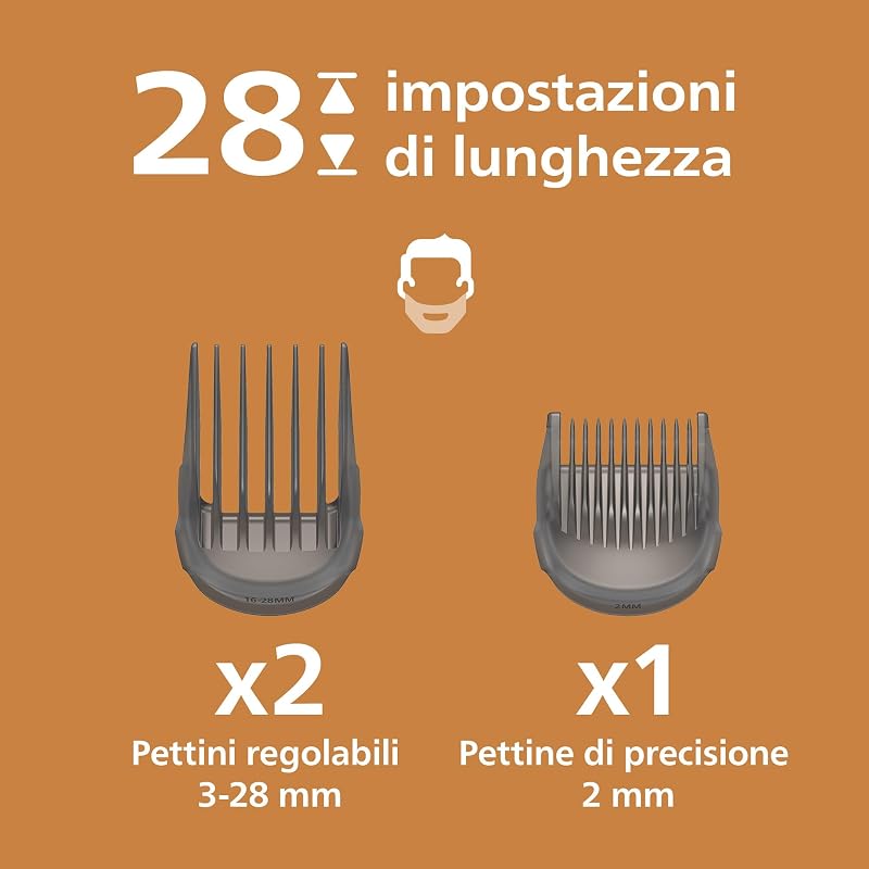Hair Clipper Serie 9000 - Regolacapelli uomo donna, lame autoaffilanti, 28 impostazioni di lunghezza, incrementi di 1 mm, pettine Trim-n-Flow, autonomia fino a 180 min., 4 accessori, HC9721/15