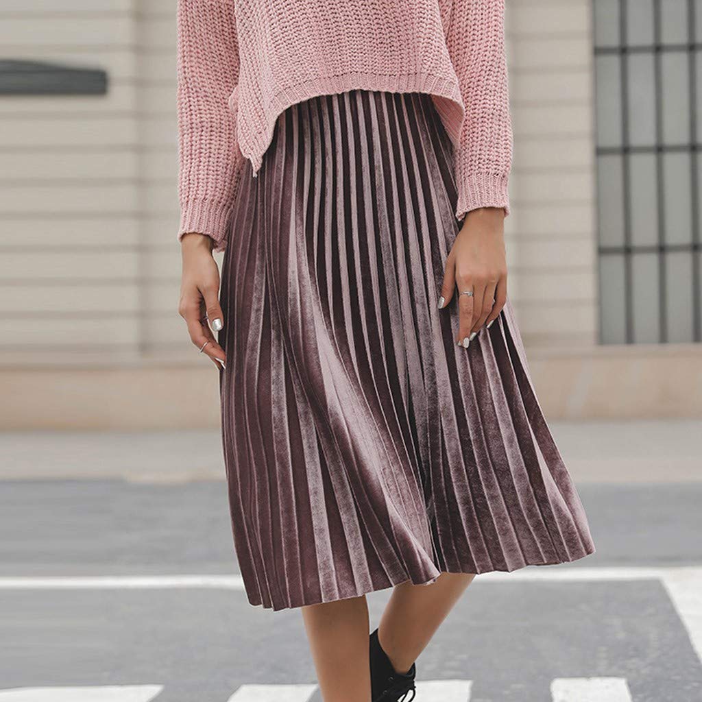 Women Pleated Skirt Fashion Solid High Waist Casual Elegant Elastic Midi Skirt