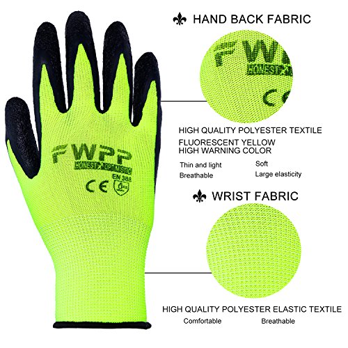 FWPP High Visibility Latex Coated Work Gloves,Soft Handiness Wearproof Skid Resistance Comfortable Wrinkle Safety Protective Glove,Pack of 12Pairs Large, Fluorescence Yellow