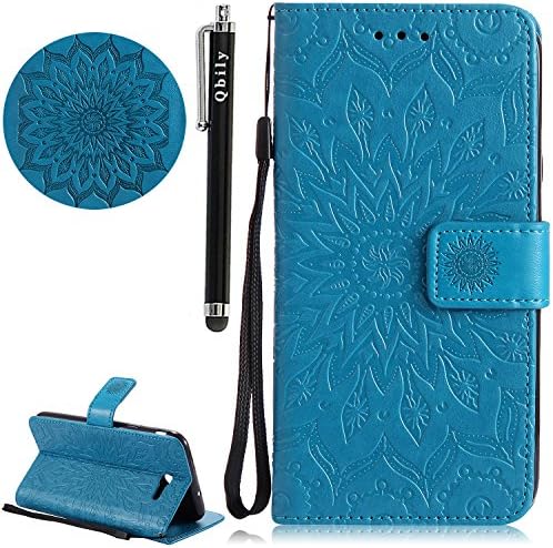 Galaxy J7 V Case, Galaxy J7 Prime / J7 Perx / J7 Sky Pro Case,Qbily Embossed Flower Mandala Magnetic Leather Protective Wallet Case Wrist Strap Kickstand Flip Cover for Samsung Galaxy J7 2017 Blue