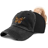 Ponytail Cap Women's Baseball Cap Embroidered Monarch Butterfly Embroidery Cotton