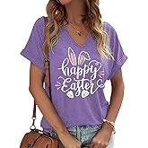 Earlymemb Womens Happy Easter Day V Neck Shirt Funny Bunny Rabbit Eggs Graphic Short Sleeve Tee Spring Casual Christian Tops